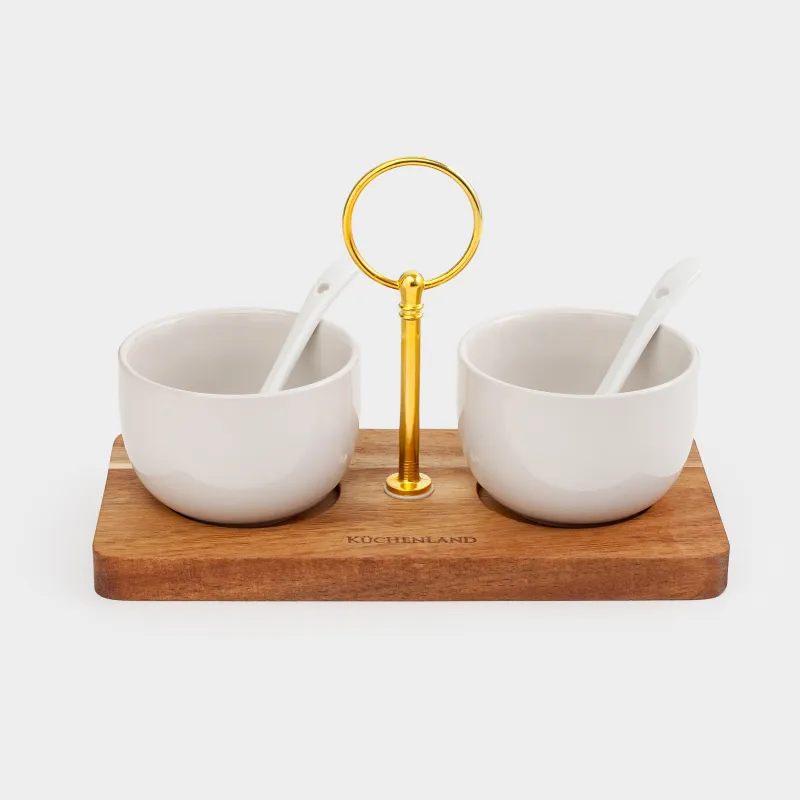 Вазочка для джема, 20x13 см, 2 шт, с ложкой, на подставке, керамика/дерево, молочная, Noble tree