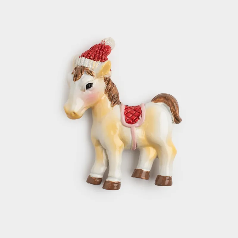 Магнит, 9 см, полирезин, молочно-красный, Пони в колпаке, Horse christmas