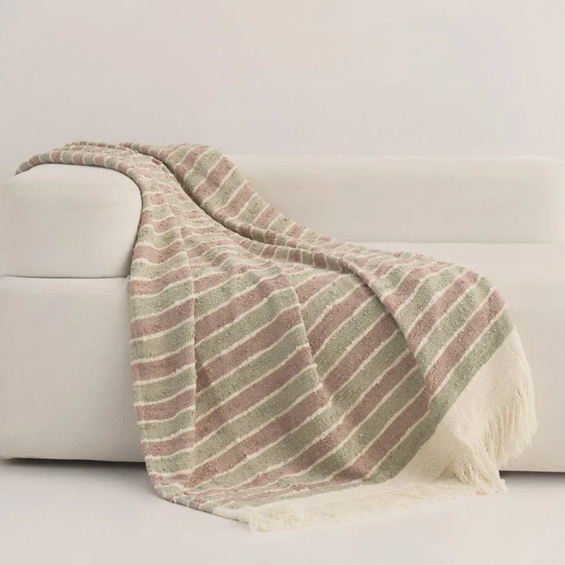 Плед, 130x170 см, с бахромой, полиэстер/хлопок, зелено-фиолетовый, Полосы, Tabby