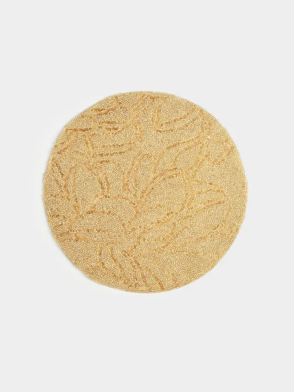 Салфетка под приборы, 36 см, бисер, круглая, шампань, Листья, Art beads, image-0