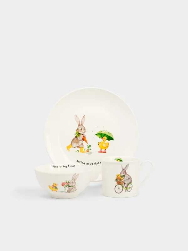 Набор посуды, детский, 1 перс, 3 пр, фарфор N, белый, Кролик и утенок, Easter Kids, image-0