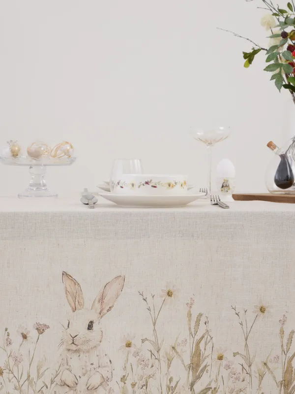 Скатерть, 170х250 см, полиэстер/лен, бежевая, Кролик в цветах, Bunny in flowers, image-3