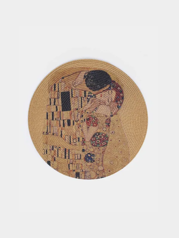 Салфетка под приборы, 38 см, полипропилен/ПЭТ, круглая, золотистая, Поцелуй, Климт, Circle print, image-0