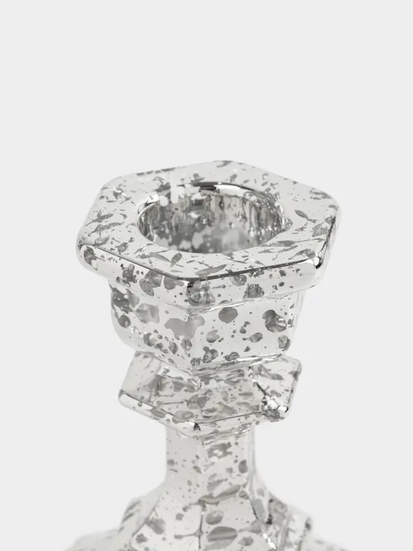 Подсвечник, 9 см, для тонкой свечи, на ножке, стекло, серебристый, Patina, image-1