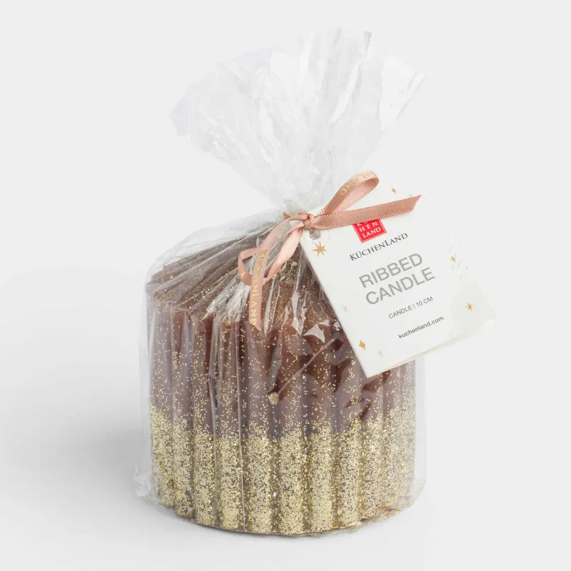 Свеча, 10 см, цилиндрическая, с блестками, коричнево-золотистая, Ribbed candle, image-3