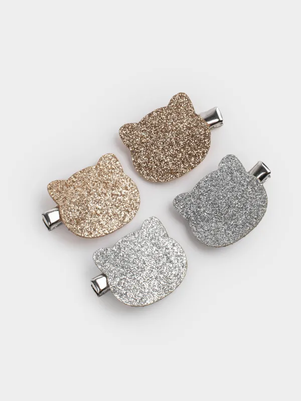 Набор заколок для волос, 3 см, 4 шт, детский, металл, серебристый/шампань, Кот, Cat, image-1