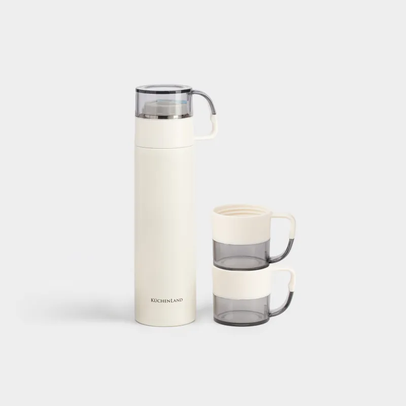 Набор для напитков, 3 перс, 4 пр, дорожный, термос, 450 мл, сталь/пластик, молочный, Electrum