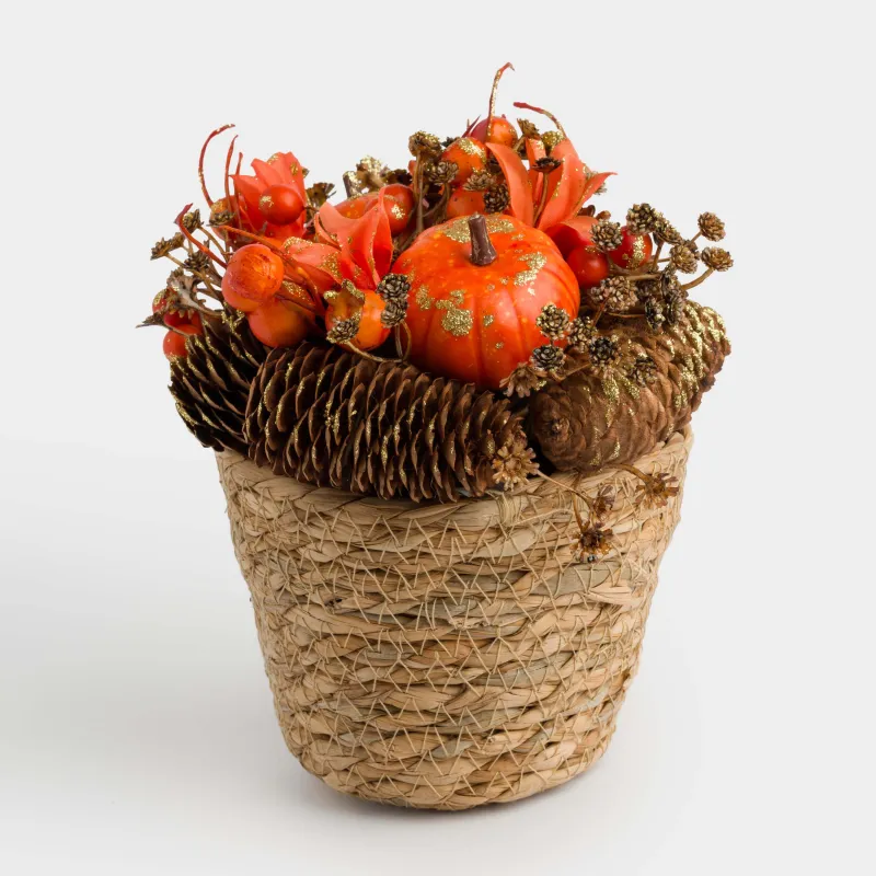 Композиция декоративная, 18 см, в корзине, дерево/пенопласт, Шишки и ягоды, Forest symphony decor, image-0