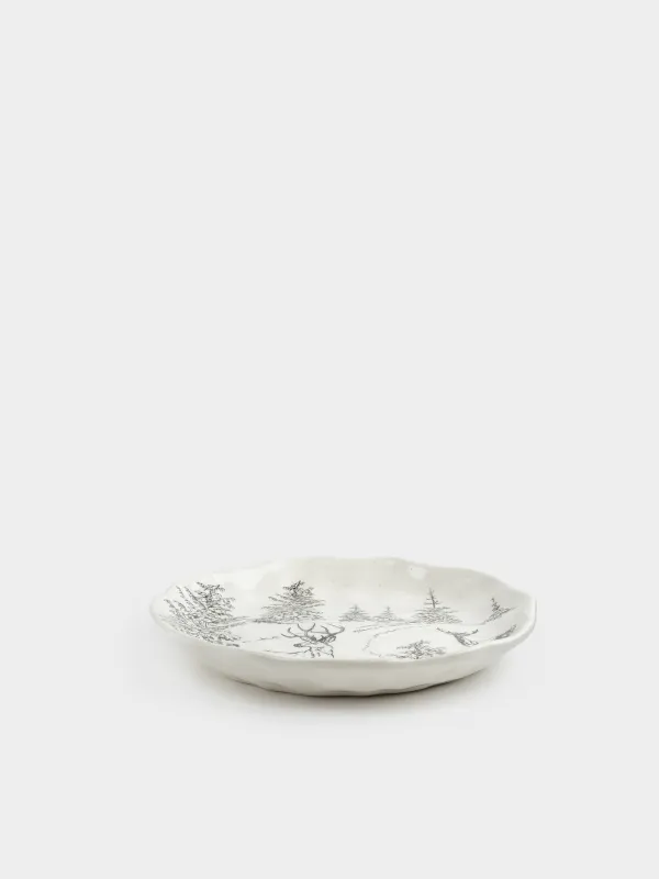 Тарелка закусочная, 23 см, керамика D, белая, Олени в лесу, Crumple print, image-1