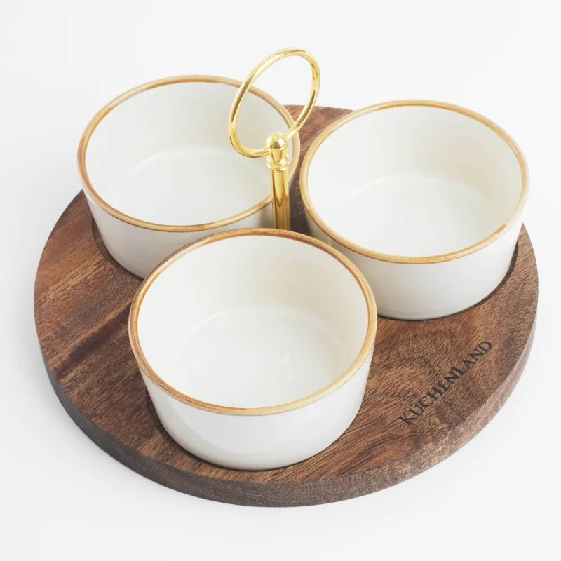 Набор для закусок, 3 пр, на подставке, с ручкой, керамика K/дерево, молочный, Noble tree, image-3