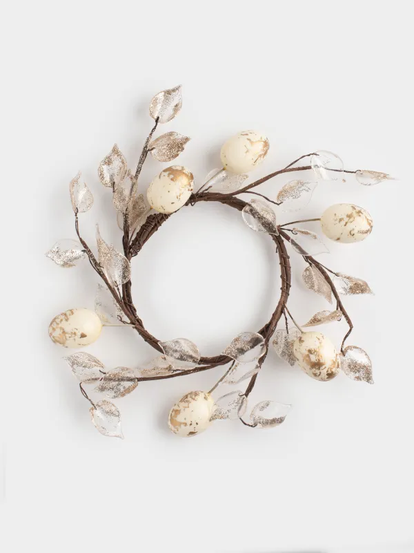 Венок декоративный, 12/18 см, пластик/пенопласт, Золотистые листья и яйца, Rustic Easter decor, image-0