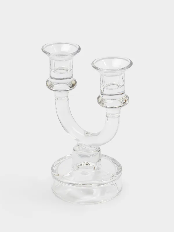 Подсвечник, 19 см, 2 тонкие свечи или 1 цилиндрическая, двусторонний, на ножке, стекло, Clear, image-1