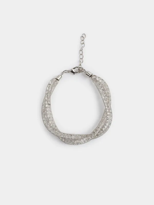 Браслет, 24 см, двойной, металл/стразы, серебристый, Плетение, Jewelry, image-0