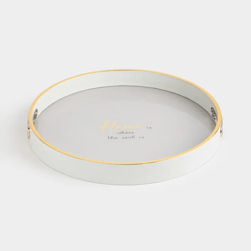 Поднос, 36 см, пластик/стекло, круглый, молочно-золотистый, Home, Fardella