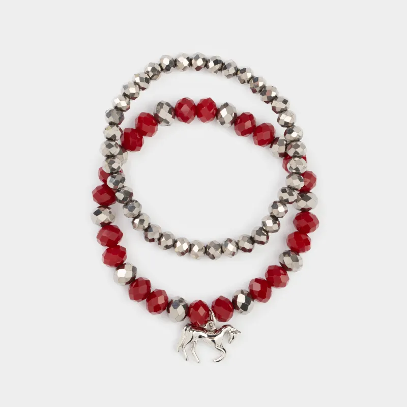 Набор браслетов, 18 см, 2 шт, стекло/металл, серебристо-красный, Лошадь, Pearl color