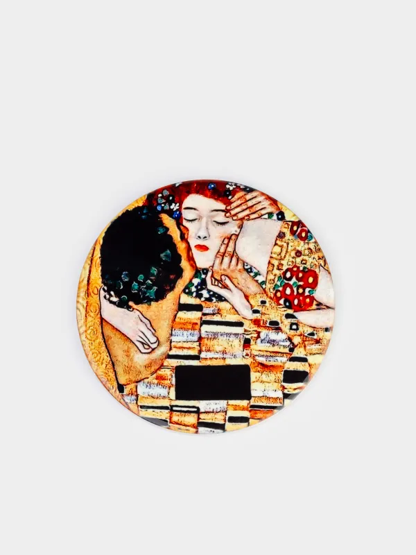Подставка под кружку, 11 см, круглая, керамика/пробка, Климт, Поцелуй, Art поцелуй, image-0
