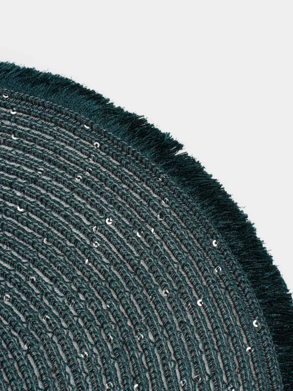 Салфетка под приборы, 38 см, с бахромой и пайетками, полиэстер, круглая, зеленая, Rotary shine, image-3