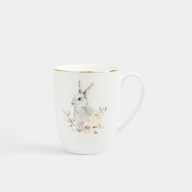 Кружка, 410 мл, фарфор F, белая, с золотистым кантом, Кролик с цыпленком, Easter