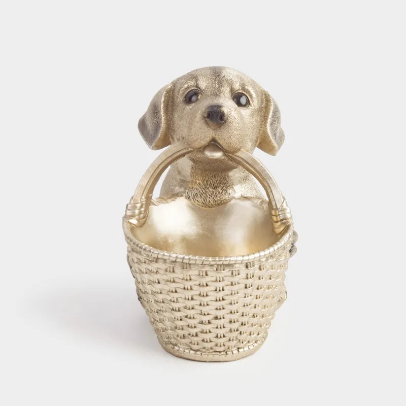 Конфетница, 18х12 см, с ручкой, полирезин, золотистая, Лабрадор с корзиной, Dog, image-1