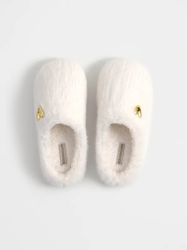 Тапочки женские, домашние, молочные, Сердце, Furred, image-1