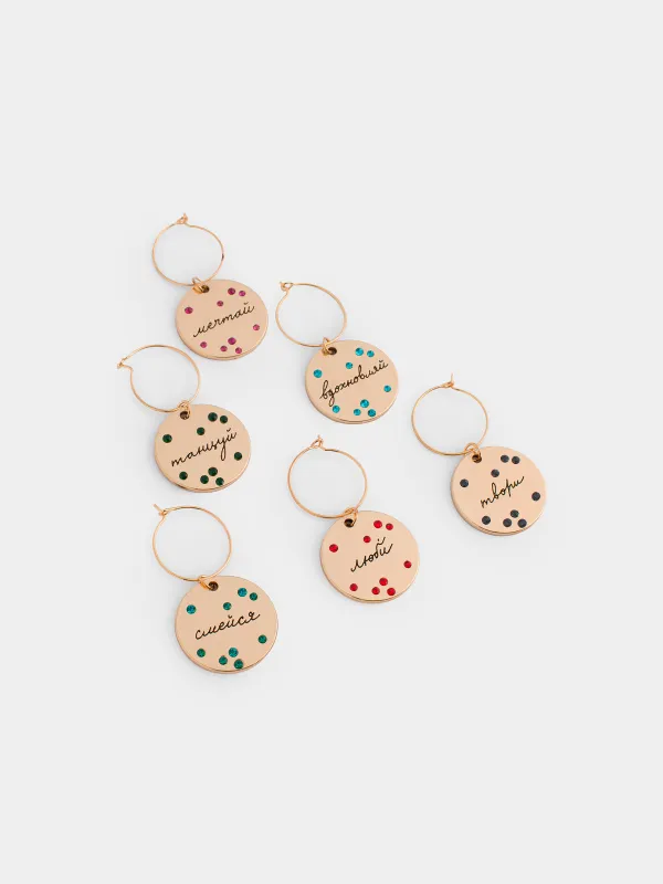 Подвеска для бокала, 6 шт, металл/стразы, золотистая, Пожелания на медальоне, Т Fantastic gold, image-1