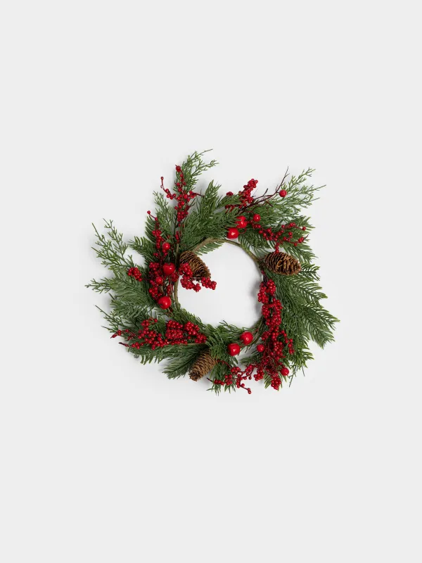 Венок рождественский, 40 см, Красные ягоды и хвоя, Red berry, image-0
