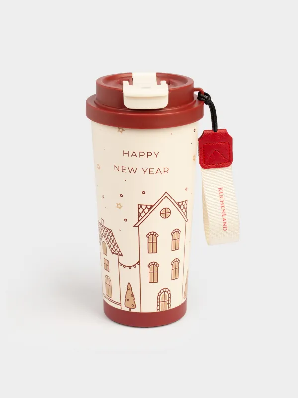 Термокружка, 500 мл, клапан/трубочка, с ремешком, сталь/пластик, бежево-красная, Ballad, image-0