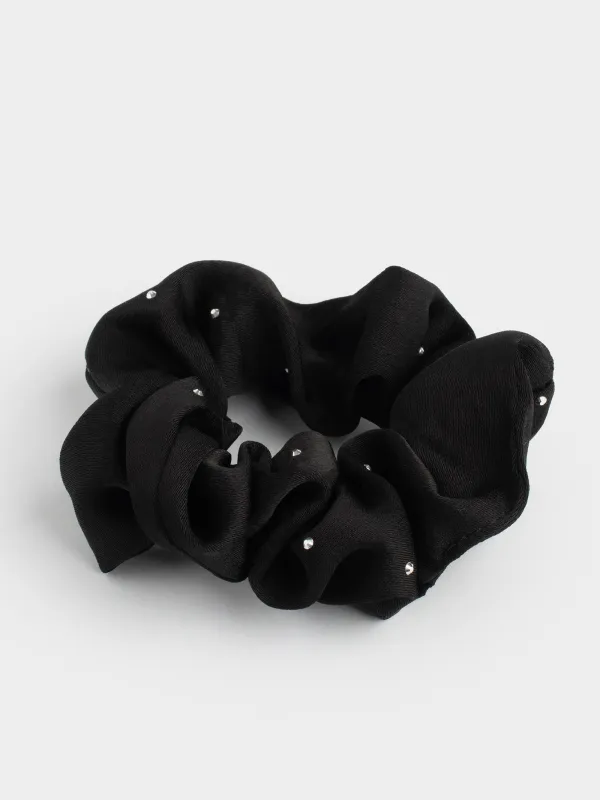 Резинка для волос, 8 см, со стразами, полиэстер, черная, Silk, image-1