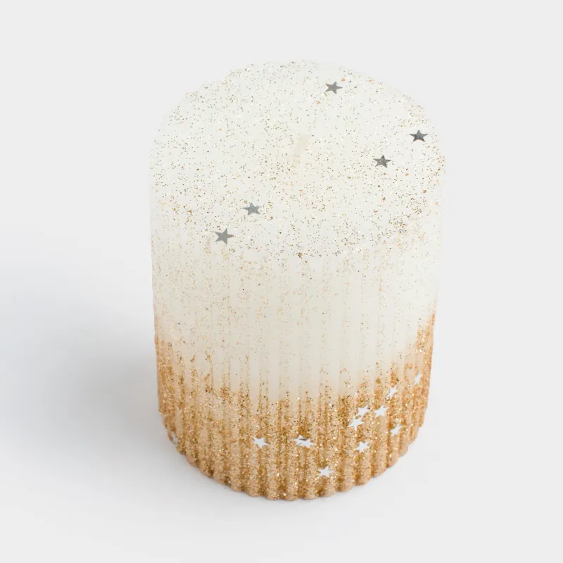 Свеча, 8 см, цилиндрическая, с блестками, молочно-золотистая, Ribbed candle, image-2