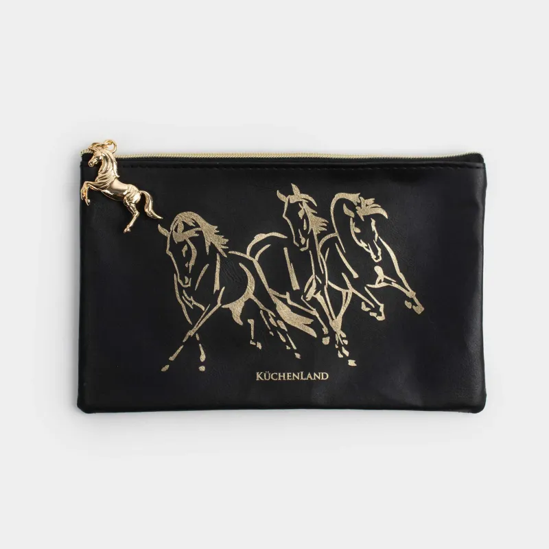 Пенал, 20х12 см, с подвеской, полиуретан, черный, Лошади, Stationery horse