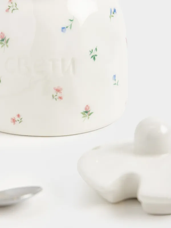 Сахарница, 12 см, 340 мл, с ложкой, керамика D/сталь, молочная, Нежные цветы, El flora, image-4