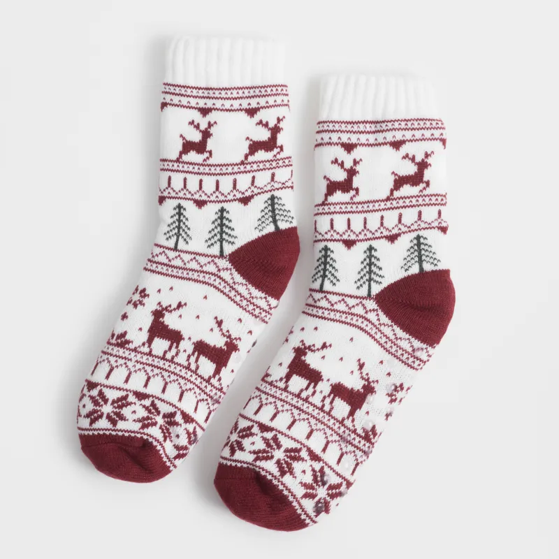Носки домашние, молочно-бордовые, Зимний узор, Hot winter