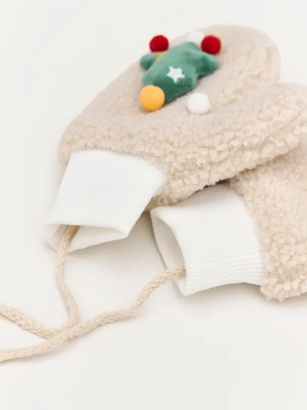 Варежки детские, единый размер, шерпа, бежевые, Елочки, Plush, image-1