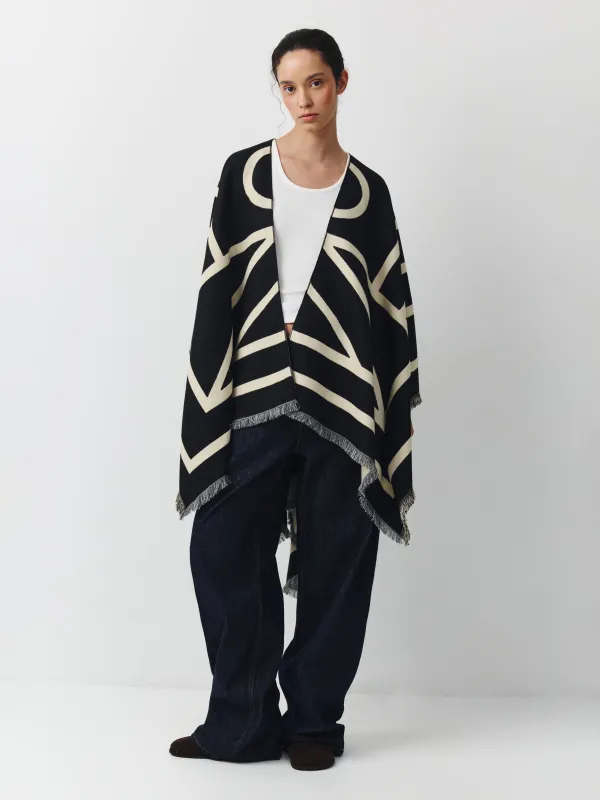 Пончо с бахромой, двустороннее, молочно-черное, Poncho, image-1
