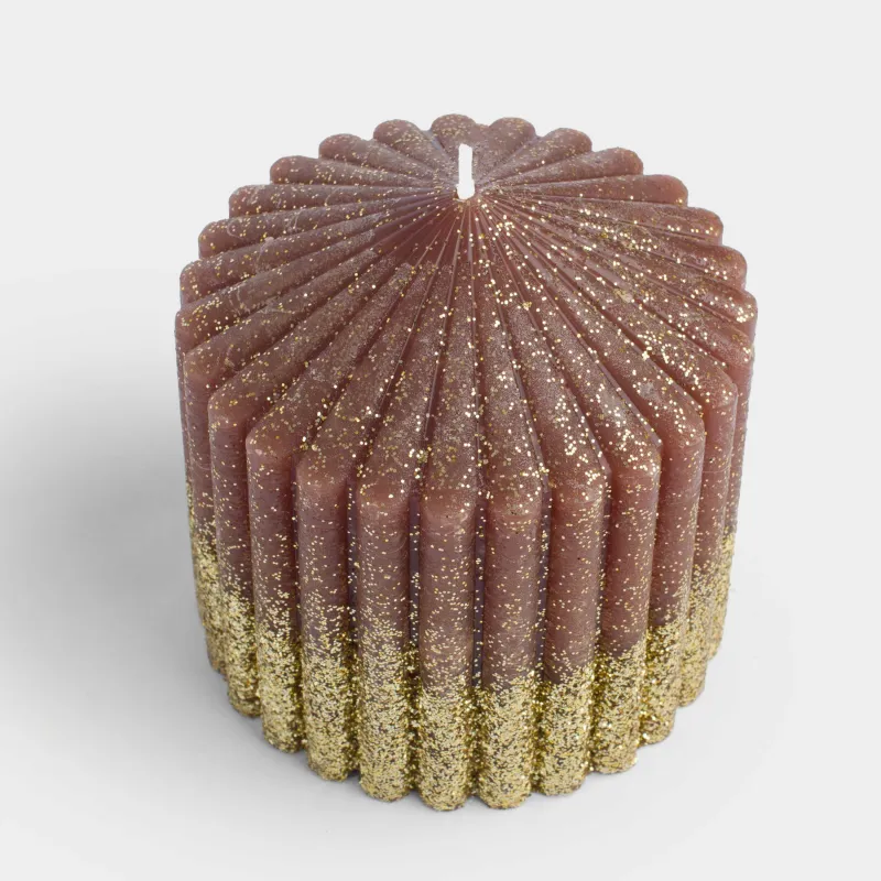 Свеча, 10 см, цилиндрическая, с блестками, коричнево-золотистая, Ribbed candle, image-2