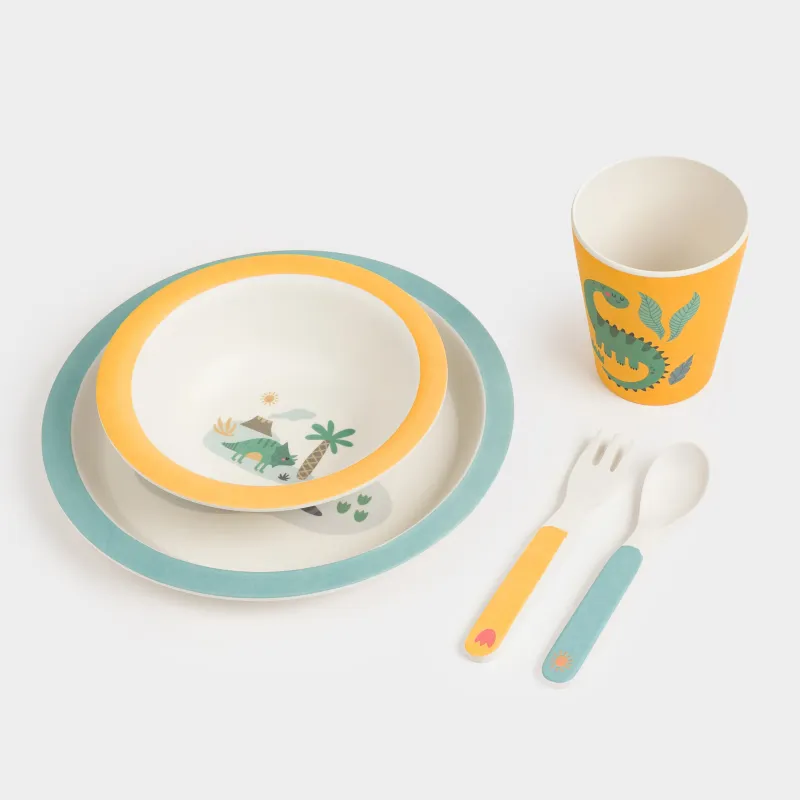 Набор посуды, детский, 1 перс, 5 пр, бамбук, желто-голубой, Динозавры, Dino, image-4