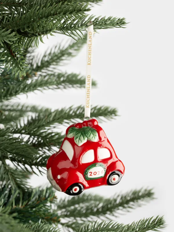 Игрушка елочная, 7 см, керамика D, красная, Машина с венком, Figure christmas, image-4