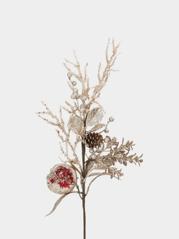 Ветка декоративная, 70 см, пластик/бумага, Золотистая ель с гранатом, Sparkle decor, image-1