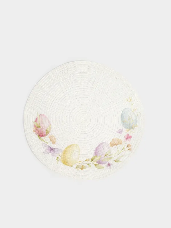 Салфетка под приборы, 38 см, полиэстер, круглая, белая, Пасхальные яйца, Rotary print, image-0