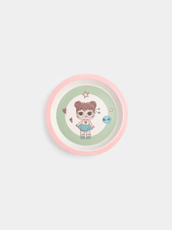 Тарелка закусочная, детская, 21 см, бамбук, розово-зеленая, Девочка в платье, Sweet loli, image-0