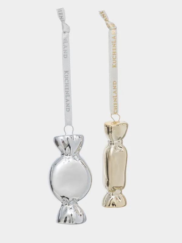 Набор елочных игрушек, 6 см, 2 шт, фарфор P, золотистый/серебристый, Конфеты, Figure christmas, image-1