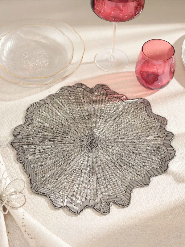 Салфетка под приборы, 36 см, бисер, фигурная, серо-серебристая, Art beads-t, image-2