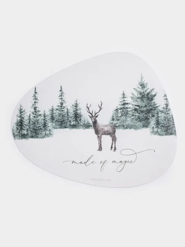 Салфетка под приборы, 37х45 см, ПВХ, фигурная, белая, Олень в лесу, Rock print, image-0