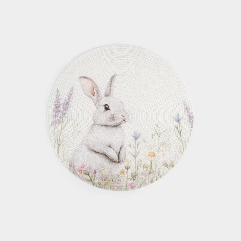 Салфетка под приборы, 38 см, полиэстер, круглая, белая, Кролик в цветах, Rotary print