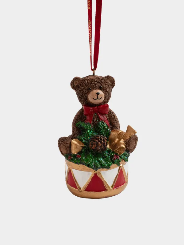 Игрушка елочная, 9 см, полирезин, коричневая, Медведь с барабаном, Figure christmas, image-0
