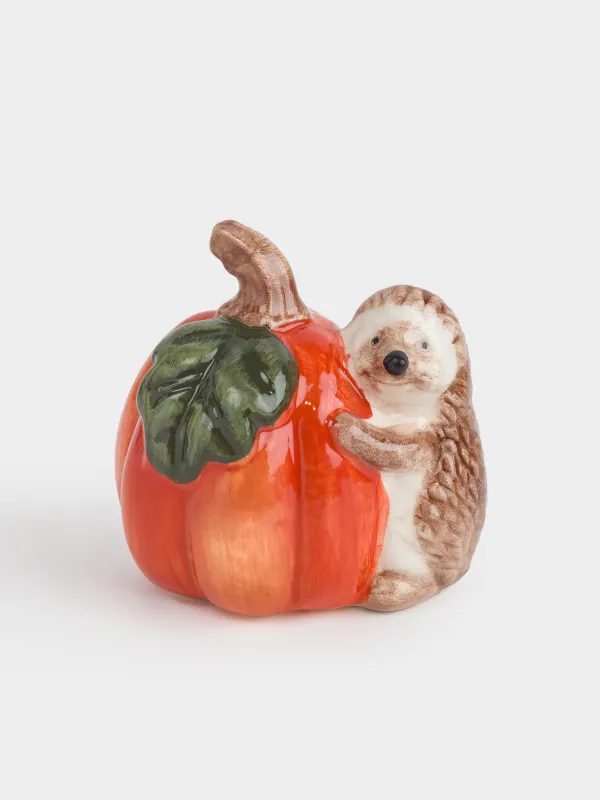 Емкость для соли или перца, 9 см, керамика D, оранжевая, Еж с тыквой, Forest symphony, image-0