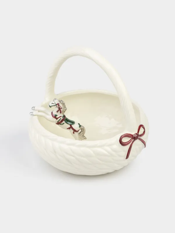 Конфетница, 20х20 см, с ручкой, керамика, белая, перламутр, Лошадка внутри, Horse polar, image-1