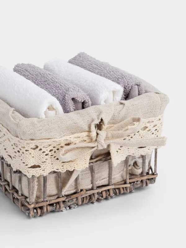 Полотенце, 30х30 см, 4 шт, в корзине, хлопок/дерево, белое/серое, Basket towel, image-2