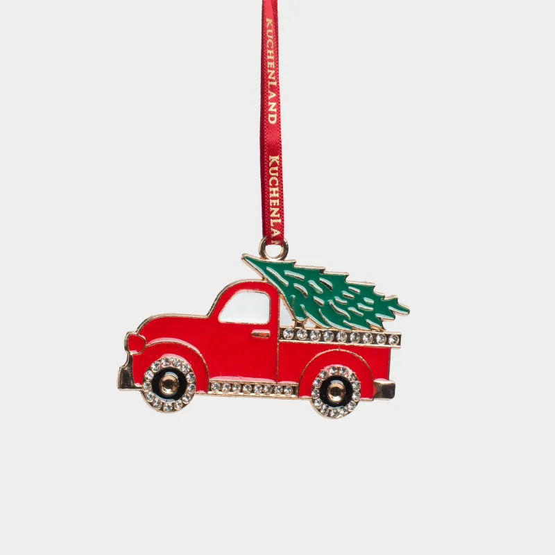 Игрушка елочная, 8 см, металл/стразы, зелено-красная, Пикап с елкой, Figure christmas