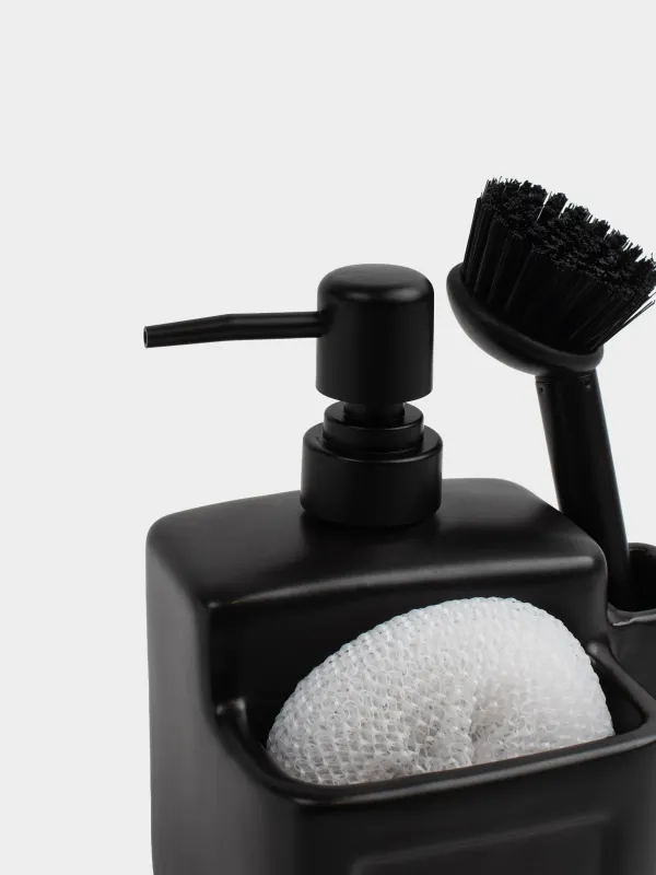 Диспенсер для моющего средства, 650 мл, органайзер, губка/щетка, керамика, черный, Total black, image-3